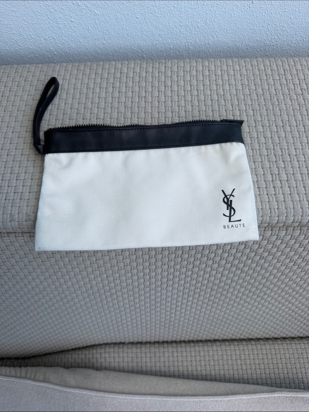Yves Saint Laurent Beige Canvas Pouch with Black Trim